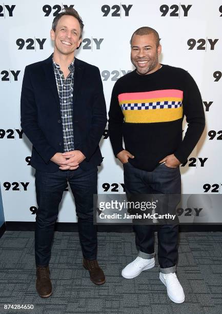 Seth Meyers and Jordan Peele attend the 92Y Presents Get Out: Jordan Peele In Conversation With Seth Meyers at 92nd Street Y on November 14, 2017 in...
