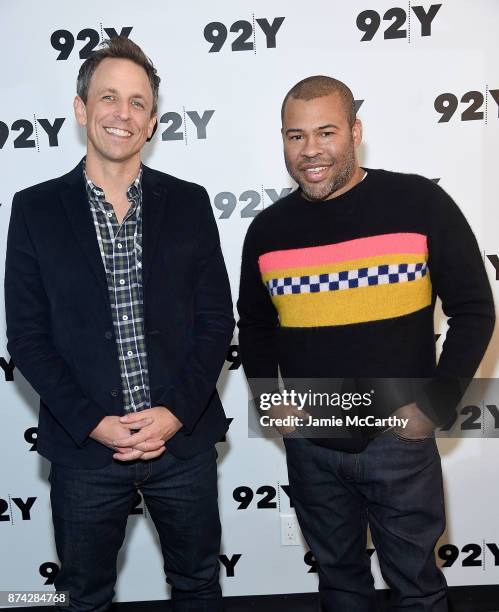 Seth Meyers and Jordan Peele attend the 92Y Presents Get Out: Jordan Peele In Conversation With Seth Meyers at 92nd Street Y on November 14, 2017 in...