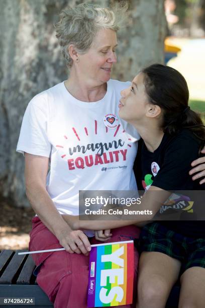 Same sex family Sandy Killick shares a moment with her daughter Zoe Killick-Dodd after Australia voted 'Yes' at Prince Alfred Park on November 15,...