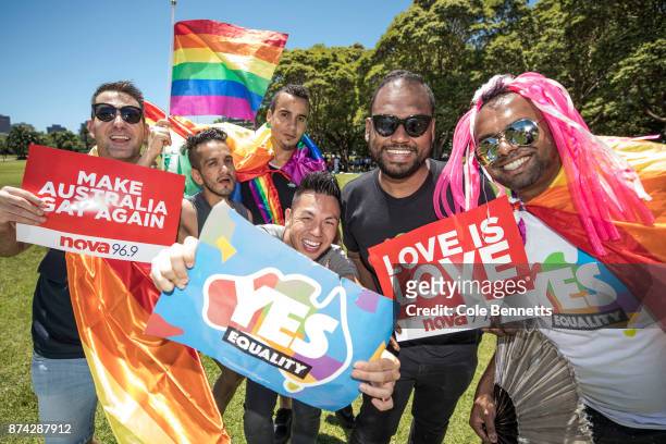 Group of same-sex mariage supporters celebrate in Prince Alfred Park after Australia votes 'Yes' on November 15, 2017 in Sydney, Australia....