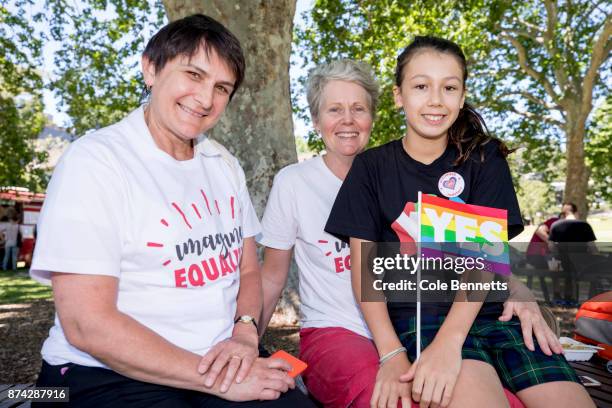 Same-sex family, Sandy Killick with her daughter Zoe Killick-Dodd and their friend, Anne Hurni celebrate in Prince Alfred Park after Australia votes...