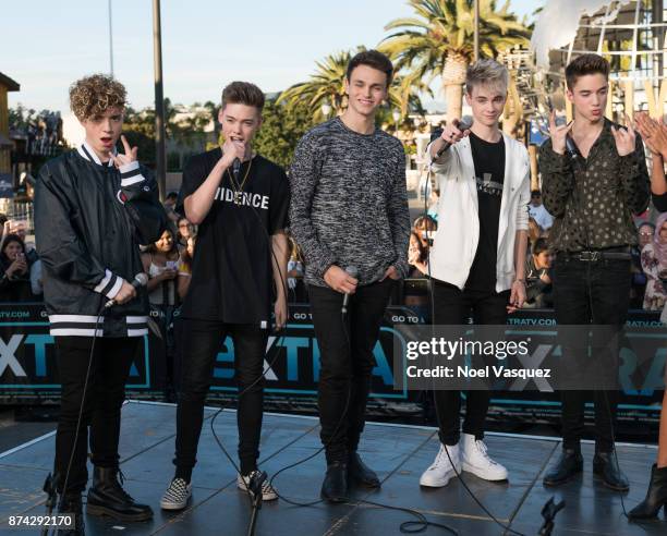 Jack Avery, Zach Herron, Jonah Marais, Corbyn Besson and Daniel Seavey of Why Don't We visit "Extra" at Universal Studios Hollywood on November 14,...