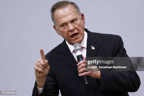 Republican candidate for U.S. Senate Judge Roy Moore speaks during a campaign event at the Walker Springs Road Baptist Church on November 14, 2017 in...