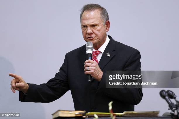 Republican candidate for U.S. Senate Judge Roy Moore speaks during a campaign event at the Walker Springs Road Baptist Church on November 14, 2017 in...