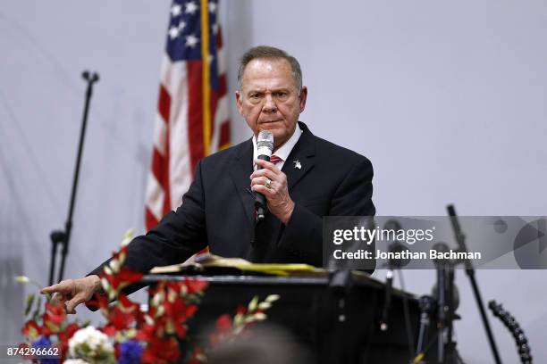 Republican candidate for U.S. Senate Judge Roy Moore speaks during a campaign event at the Walker Springs Road Baptist Church on November 14, 2017 in...