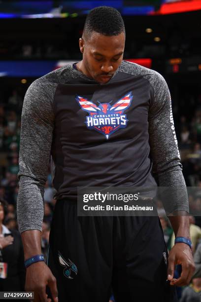 Dwight Howard of the Charlotte Hornets is seen before the game against the Boston Celtics on November 10, 2017 at the TD Garden in Boston,...