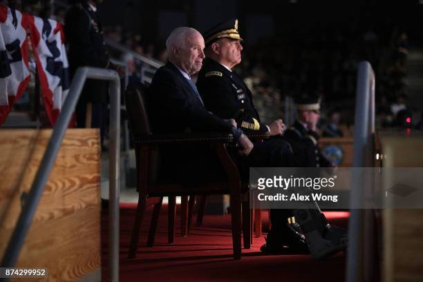 Army Chief of Staff Gen. Mark A. Milley and Sen. John McCain watch a special Twilight Tattoo performance November 14, 2017 at Fort Myer in Arlington,...