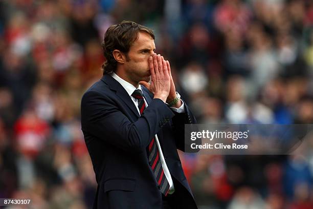 Gareth Southgate of Middlesbrough reacts during the Barclays Premier League match between Middlesbrough and Aston Villa at the Riverside Stadium on...