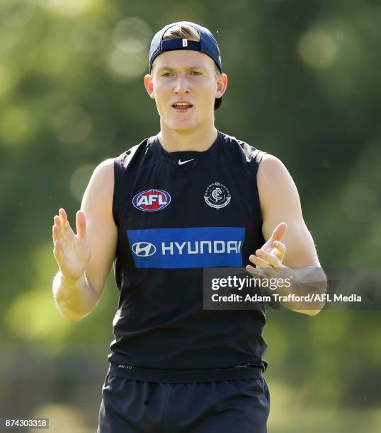 Patrick Kerr of the Blues calls for the ball during the Carlton Blues training session at Princes Park on November 15, 2017 in Melbourne, Australia.