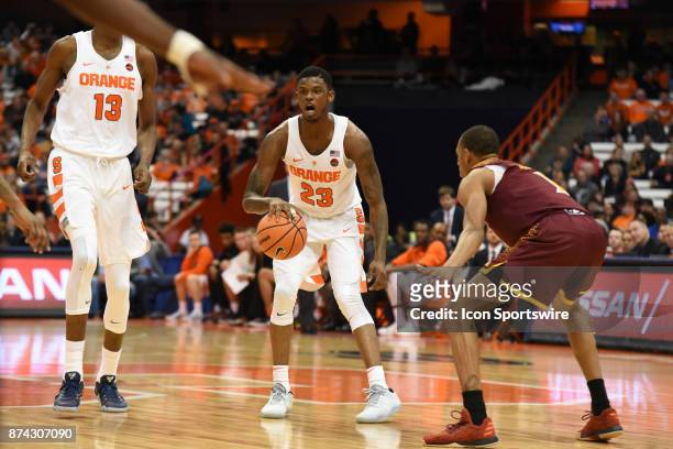 Frank Howard of the Syracuse Orange calls a play during the first half of play between the Syracuse Orange and Iona Gaels on November 14 at the...