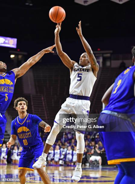 Guard Barry Brown of the Kansas State Wildcats puts up a shot against the Missouri-Kansas City Kangaroos during the second half on November 14, 2017...