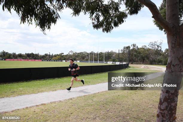 Nathan Freeman runs laps around the park during a St Kilda Saints AFL training session at Linen House Oval on November 15, 2017 in Melbourne,...