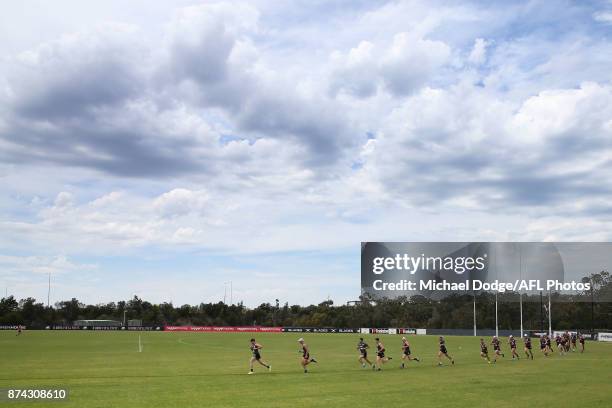 Paddy McCartin of the Saints leads teammates in a sprint around the oval during a St Kilda Saints AFL training session at Linen House Oval on...