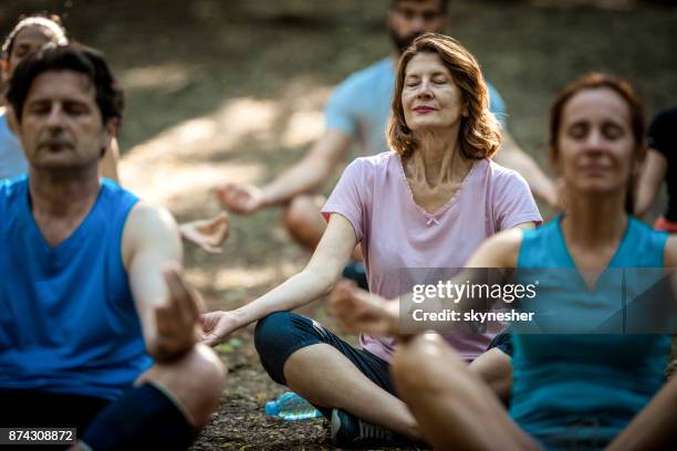 group of athletic people in lotus position meditating on exercise class in nature. - sitting eyes closed stock pictures, royalty-free photos & images