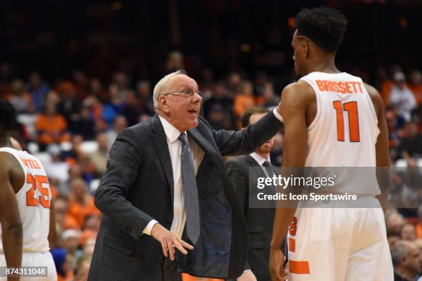 Jim Boeheim #Head coach of the Syracuse Orange reacts to Oshae Brissett of the Syracuse Orange during the second half of play between the Syracuse...