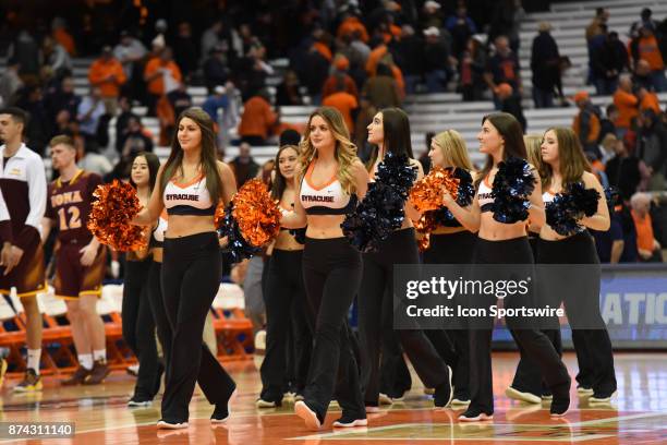 Syracuse Orange dance team leaving the during the second half of play between the Syracuse Orange and Iona Gaels on November 14 at the Carrier Dome...