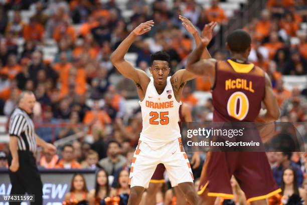 Tyus Battle of the Syracuse Orange pumps crowd up during the second half of play between the Syracuse Orange and Iona Gaels on November 14 at the...