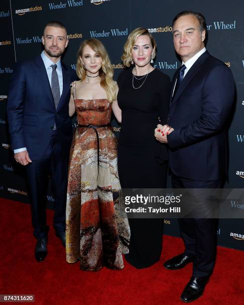 Justin Timberlake, Juno Temple, Kate Winslet, and Jim Belushi attend the premiere of "Wonder Wheel" at Museum of Modern Art on November 14, 2017 in...