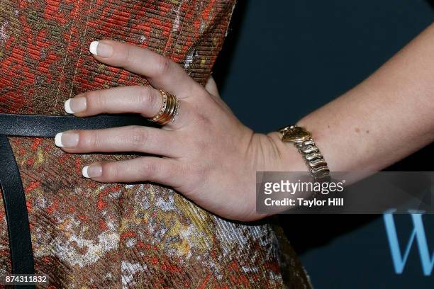 Juno Temple, bracelet detail, ring detail, attends the premiere of "Wonder Wheel" at Museum of Modern Art on November 14, 2017 in New York City.