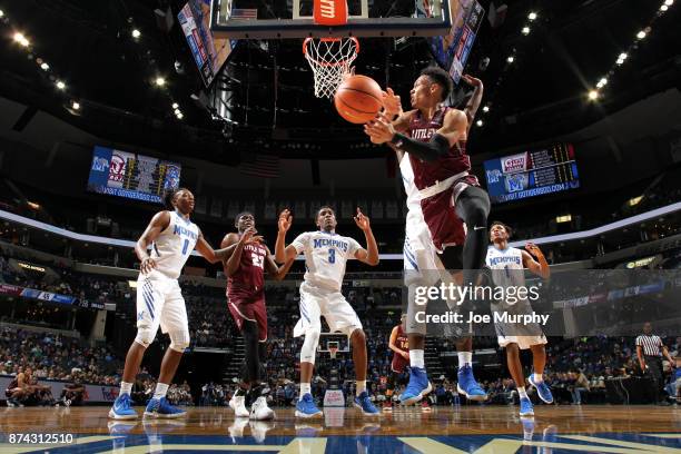 Jaizec Lottie of the Little Rock Trojans passes the ball against the Memphis Tigers on November 14, 2017 at FedExForum in Memphis, Tennessee. Memphis...