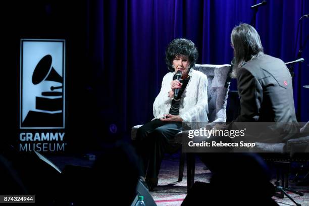 Wanda Jackson speaks with GRAMMY Museum Executive Director Scott Goldman at An Evening With Wanda Jackson on November 14, 2017 at the GRAMMY Museum...