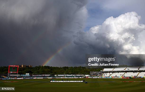 Rainbow is seen as the weather disturbes play on day three of the 2nd npower test match between England and West Indies at The Riverside on May 16,...