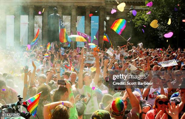 People in the crowd celebrate as the result is announced during the Official Melbourne Postal Survey Result Announcement at the State Library of...