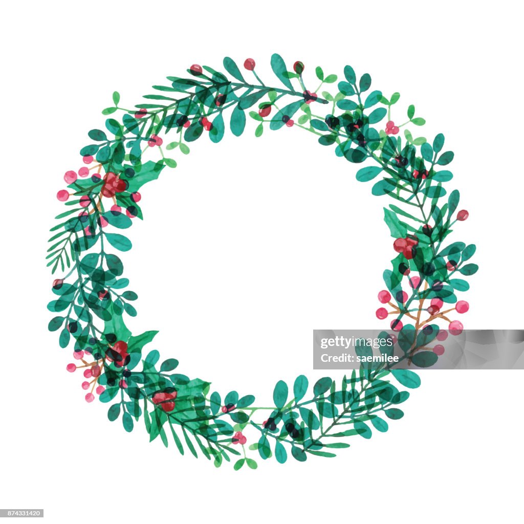 Aquarell Kranz mit Blättern und Beeren