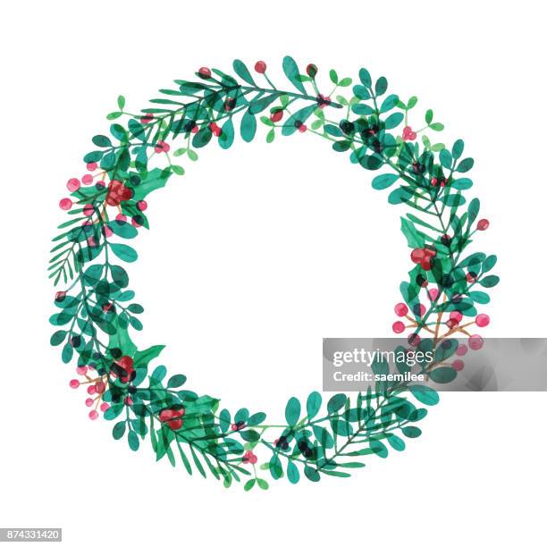 watercolor wreath with leaves and berries - christmas watercolor stock illustrations