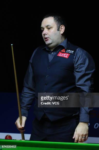 Stephen Maguire of Scotland reacts during the first round match against Rory McLeod of England on day two of 2017 Shanghai Masters at Shanghai Grand...
