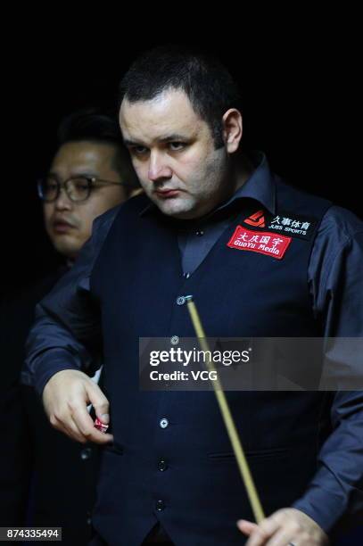 Stephen Maguire of Scotland reacts during the first round match against Rory McLeod of England on day two of 2017 Shanghai Masters at Shanghai Grand...