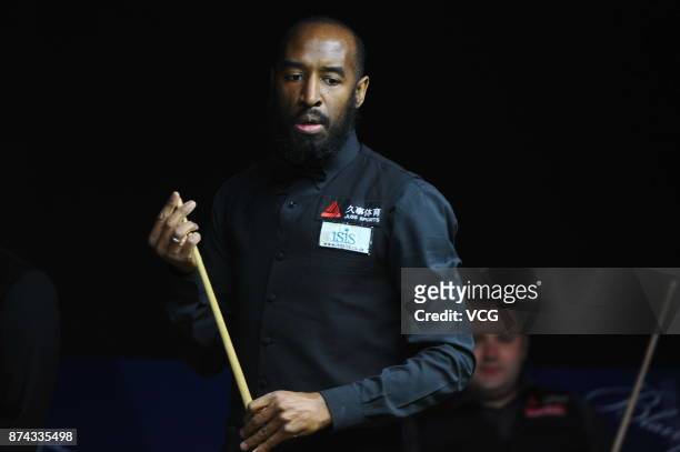 Rory McLeod of England reacts during the first round match against Stephen Maguire of Scotland on day two of 2017 Shanghai Masters at Shanghai Grand...