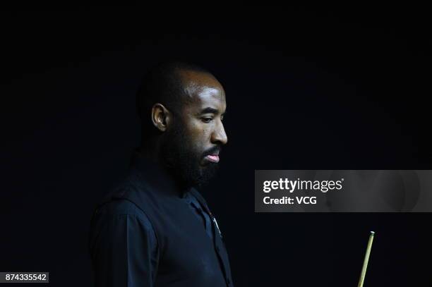 Rory McLeod of England reacts during the first round match against Stephen Maguire of Scotland on day two of 2017 Shanghai Masters at Shanghai Grand...