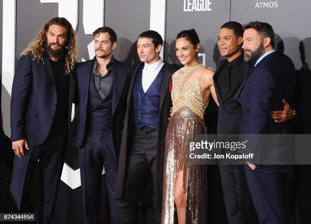 Actors Jason Momoa, Henry Cavill, Ezra Miller, Gal Gadot, Ray Fisher, and Ben Affleck attend the Los Angeles Premiere of Warner Bros. Pictures'...