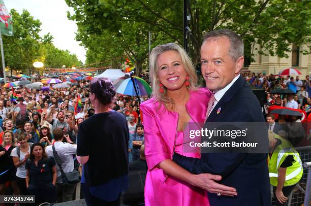 Leader of the Opposition Bill Shorten and his wife Chloe Shorten pose on stage after speaking to supporters of the 'Yes' vote for marriage equality...