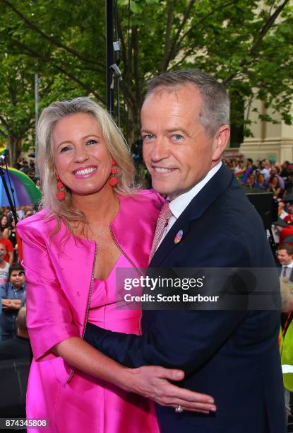 Leader of the Opposition Bill Shorten and his wife Chloe Shorten pose on stage after speaking to supporters of the 'Yes' vote for marriage equality...