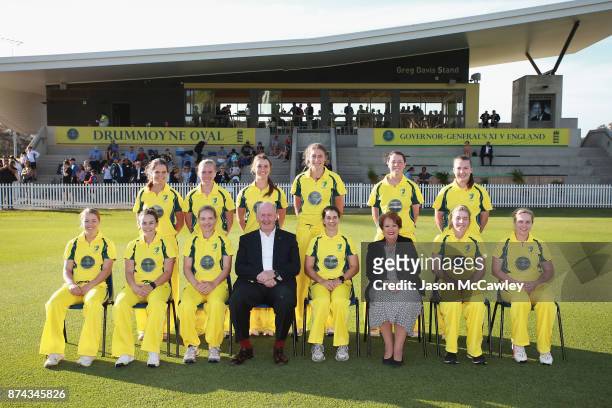 The Governor General's XI pose for a team photo with the Governor-General of Australia Sir Peter Cosgrove and Lynne Cosgrove prior to the T20 match...