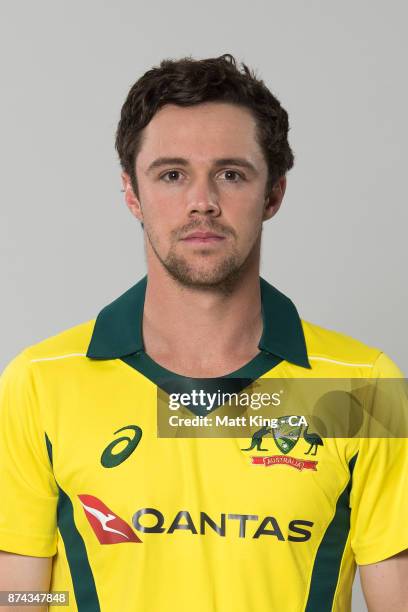 Travis Head poses during the Australia One Day International Team Headshots Session at Intercontinental Double Bay on October 15, 2017 in Sydney,...