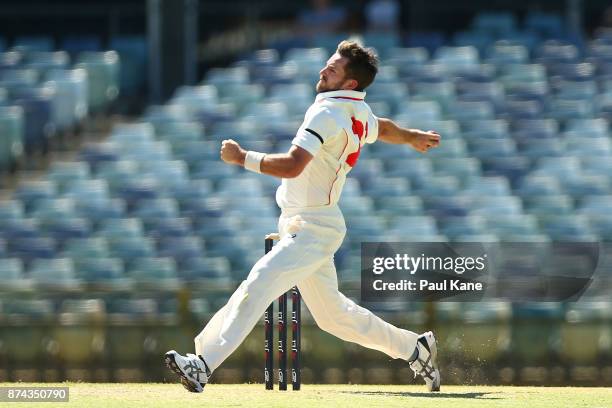 Chadd Sayers of South Australia bowls during day three of the Sheffield Shield match between Western Australia and South Australia at WACA on...