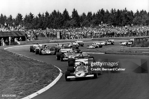 Jacky Ickx, Ronnie Peterson, Clay Regazzoni, Ferrari 312B2, March-Ford 721G, Grand Prix of Germany, Nurburgring, 30 July 1972. Jacky Ickx in the lead...