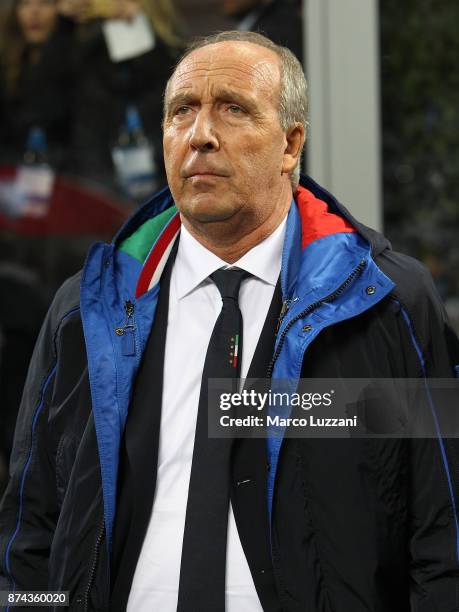 Italy coach Giampiero Ventura looks on before the FIFA 2018 World Cup Qualifier Play-Off: Second Leg between Italy and Sweden at San Siro Stadium on...