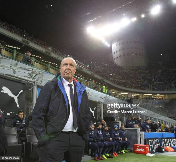 Italy coach Giampiero Ventura looks on before the FIFA 2018 World Cup Qualifier Play-Off: Second Leg between Italy and Sweden at San Siro Stadium on...