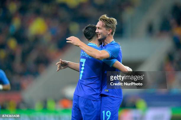 Holland's Luuk de Jong and Steven Berghuis celebrate a goal during International Friendly match between Romania and Netherlands at National Arena...
