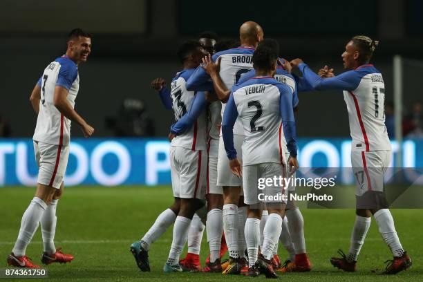 United States of America midfielder Weston McKennie celebrating with is team mate after scoring a goal during the match between Portugal and United...