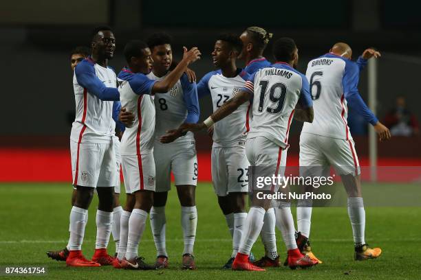 United States of America midfielder Weston McKennie celebrating with is team mate after scoring a goal during the match between Portugal and United...