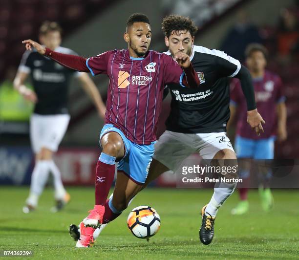 Funso Ojo of Scunthorpe United in action during the Emirates FA Cup First Round Replay match between Scunthorpe United and Northampton Town at...