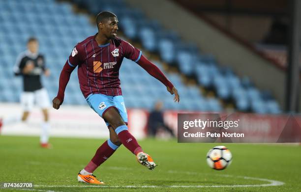 Hakeeb Adelakun of Scunthorpe United in action during the Emirates FA Cup First Round Replay match between Scunthorpe United and Northampton Town at...