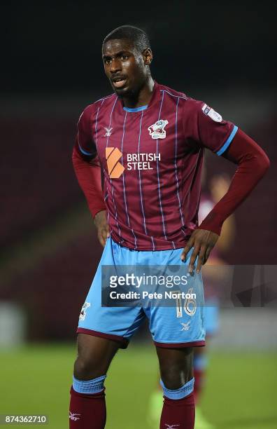Hakeeb Adelakun of Scunthorpe United in action during the Emirates FA Cup First Round Replay match between Scunthorpe United and Northampton Town at...