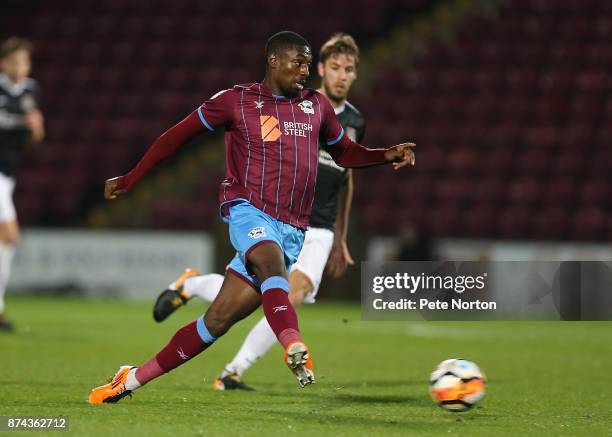 Hakeeb Adelakun of Scunthorpe United in action during the Emirates FA Cup First Round Replay match between Scunthorpe United and Northampton Town at...