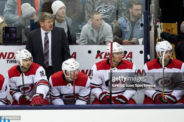 Carolina Hurricanes head coach Bill Peters looks on during a game between the Columbus Blue Jackets and the Caroling Hurricanes on November 10 at...